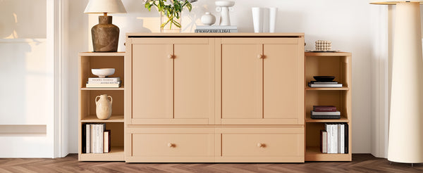 English Elm Full Golden Murphy Bed with Storage Drawers & Shelves, Space-Saving Wall Cabinet for Guests W1580S00254