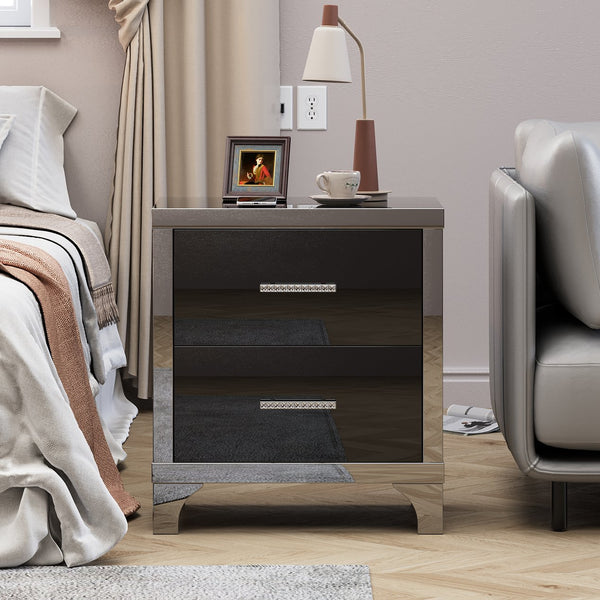 English Elm High Gloss Mirrored 2 Drawer Nightstand Slim Metal Legs Modern Bedroom Side Table Black W5271P416537