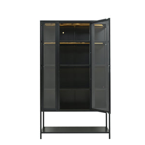 English Elm 67.25'' Tall Steel Curio Cabinet with Led Lighting and Tempered Glass Panels Black SN845P263995B
