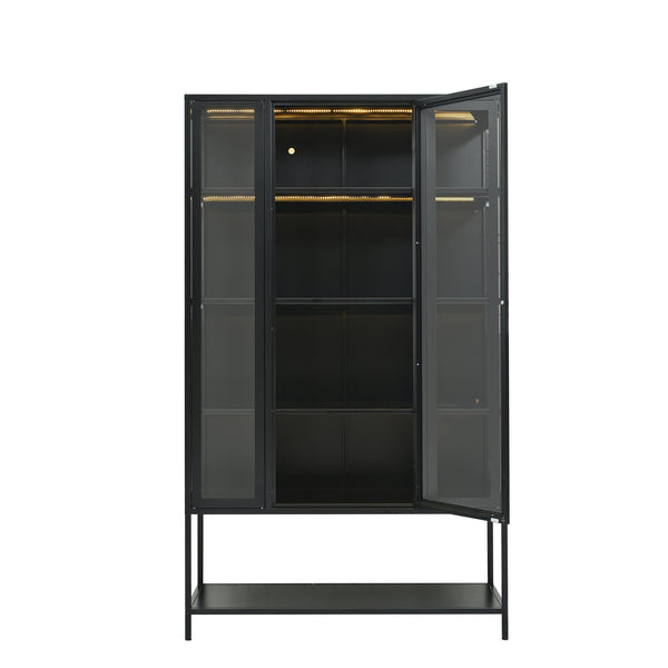 English Elm 67.25'' Tall Steel Curio Cabinet with Led Lighting and Tempered Glass Panels Black SN845P263995B