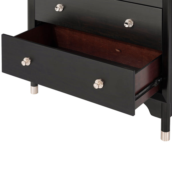 English Elm 1pc Mid-century Five-drawer Tall Chest Walnut Veneer Black Matte Finish Silver Legs B2741P446689