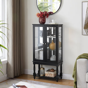 English Elm Curio Lighted Display Cabinet with Mirrored Back, Tempered Glass Doors, Solid Wood Legs, Compact Black W1693P216943