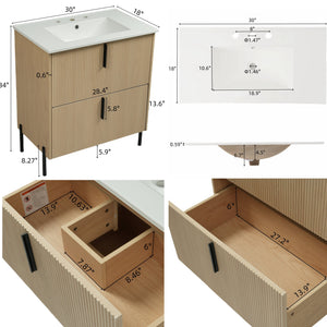 English Elm Christopher Knight Home® - 30" Bathroom Vanity With Ceramic Sink, Soft-Close Drawers & Elegant Fluted Design For Small Spaces N817P295761N