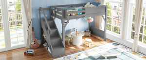 English Elm Twin Low Loft Bed Solid Pine Frame Kids Study Desk Blackboard Storage White Gray W1580S00467