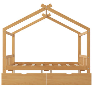 English Elm Full House Platform Bed with Roof Design and Two Drawers, Pine/MDF Durable Frame, Kid-Friendly Cozy Finish Natural WF292923AAD