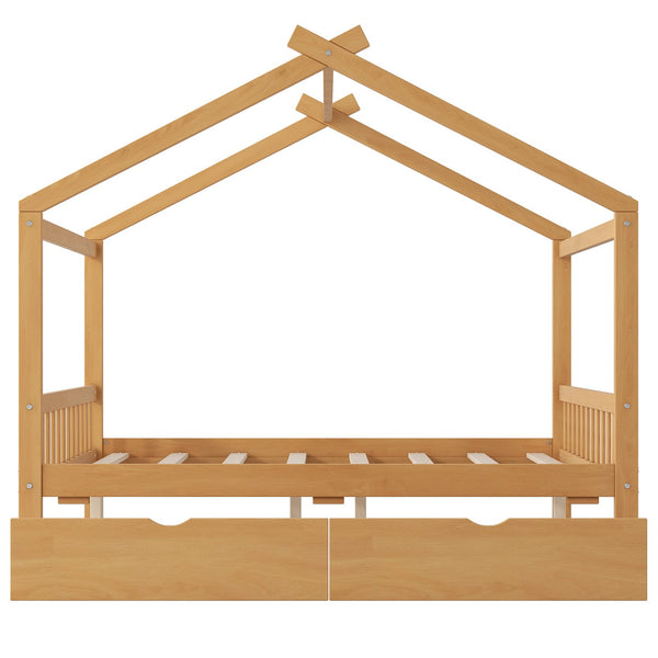 English Elm Full House Platform Bed with Roof Design and Two Drawers, Pine/MDF Durable Frame, Kid-Friendly Cozy Finish Natural WF292923AAD
