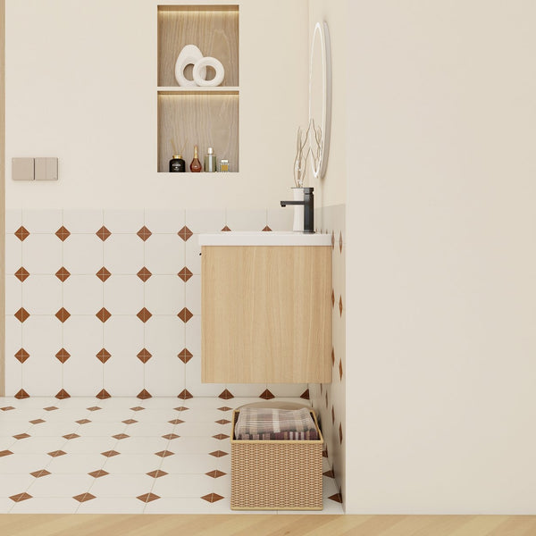 English Elm 24" Floating Oak Plywood Bathroom Vanity Set with Glossy Resin Sink Scandinavian Style W3450S00068