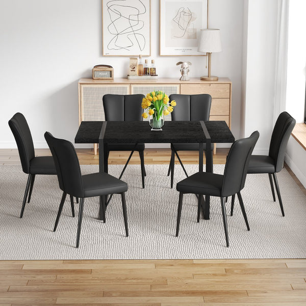 English Elm Black Faux Grain Mdf Rectangular Dining Set with Six Striped Pu Upholstered Chairs W1151S04377