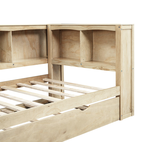 English Elm Twin Size Daybed with Trundle, Built-In Storage Cabinets, Curved Details and Dual USB Ports for Small Spaces Wood GX000353AAD