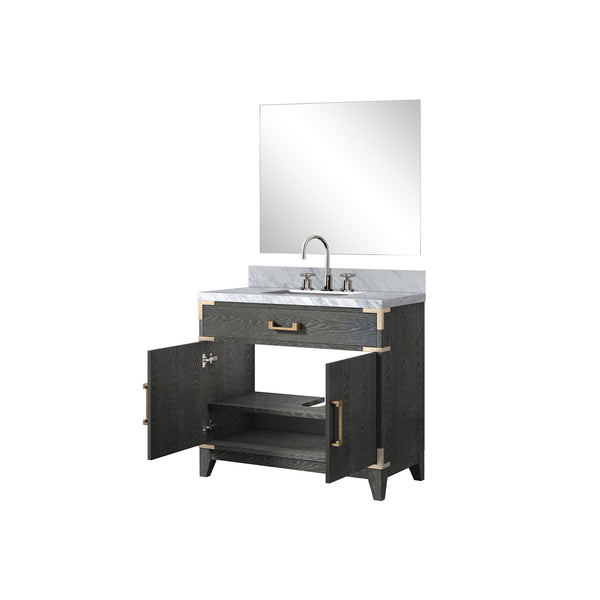 English Elm Black Oak Single Bath Vanity Set With Carrara Marble Top, 34" Mirror & Chrome Faucet For Elegant Style B2731S02219