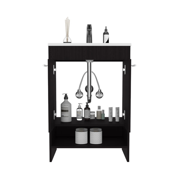 English Elm Lorenzo Compact 60cm Floor Vanity in Black Wengue with 4 Drawers, 2 Open Shelves for Stylish Storage B200P362051