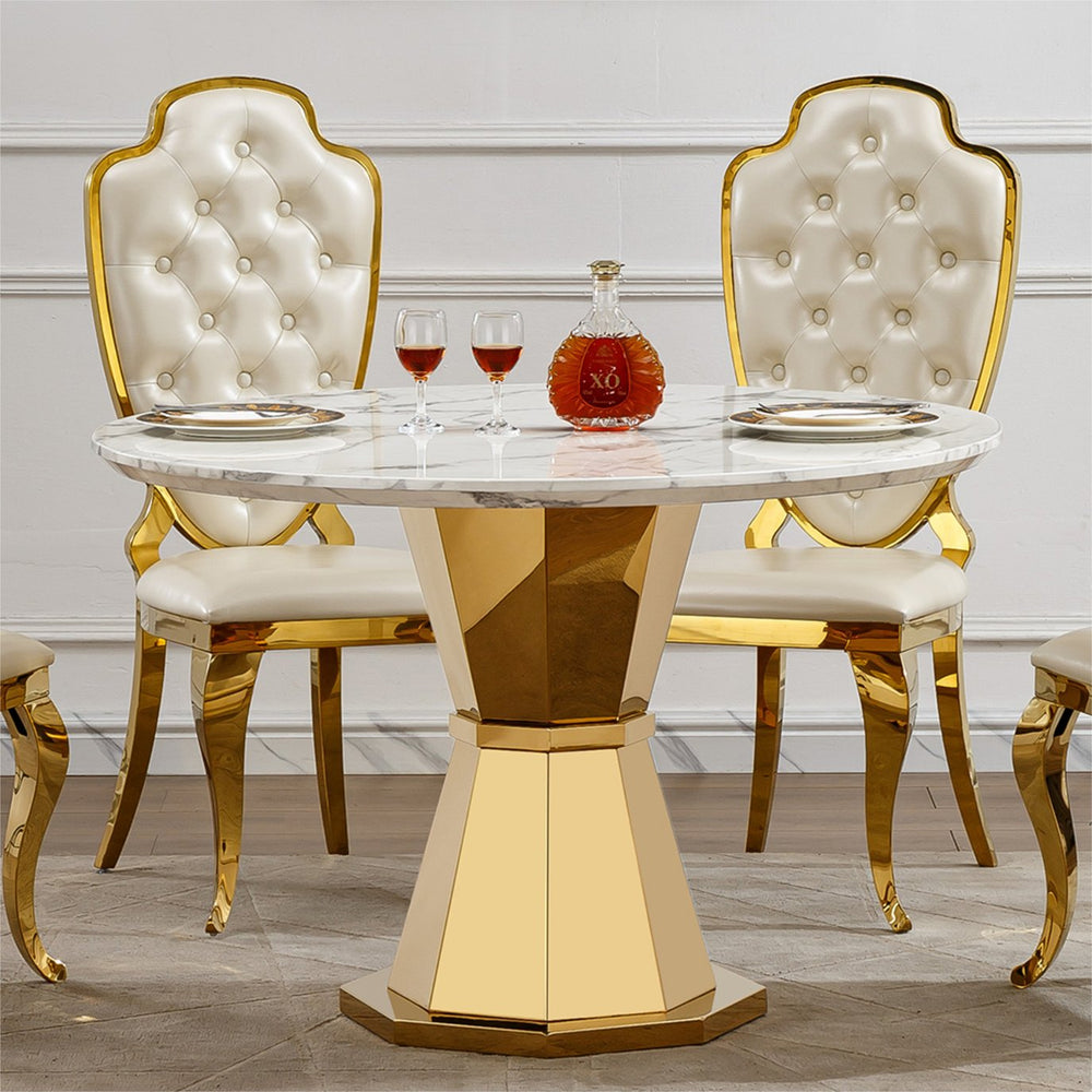 English Elm 47" Round Marble Dining Table – Elegant Faux Marble Top & Stainless Steel Base For Modern Dining Spaces W3456S00032