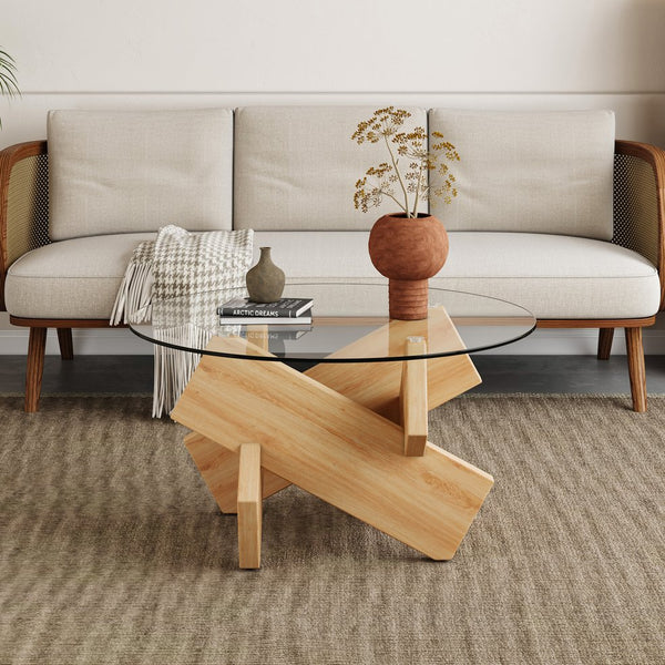 English Elm Circular Tempered Glass Round Coffee Table with Wood Tone Mdf Legs for Modern Living W1151P146792