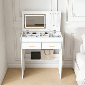 English Elm Flip Top Makeup Vanity Desk with Led Mirror Built-in Outlet and Jewelry Hooks W2699P404630