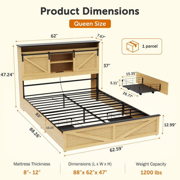 English Elm Farmhouse Queen Bed Frame With Storage Headboard, Usb Charging, Led Lights & Under-Bed Drawers W1550P343684