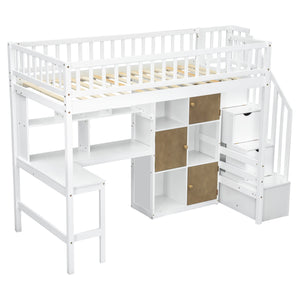 English Elm Wood Twin Loft Bed with Built-In L-Desk, LED Lighting, Staircase Storage, Shelves & Cabinets White N7090000470K