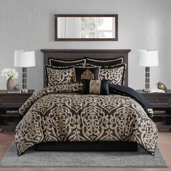 English Elm 8PCS King Jacquard Comforter Set with Damask Texture, Embroidered Decorative Pillows & Shams Black 23.62 L x 19.29 W x 12.2 H B035P341092