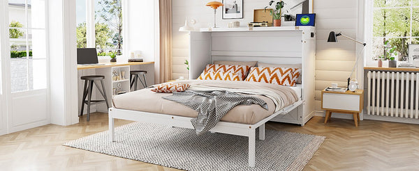 English Elm Queen Murphy Wall Bed Cabinet with Storage Drawer Built-in Power Outlets Usb Ports White LP000400AAK-1