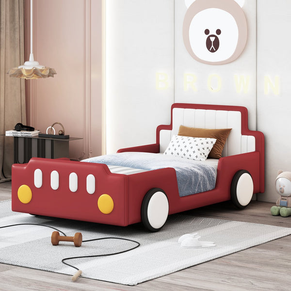 English Elm Twin Race Car-Shaped Platform Bed with Safety Rails and Sturdy Slats for Kids’ Room Comfort Red SF000127AAJ