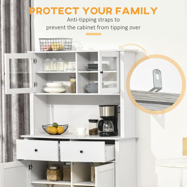 English Elm HOMCOM 63.5" Kitchen Buffet Hutch with Adjustable Shelves, Glass Doors, Drawers & Microwave Space W2225P200883