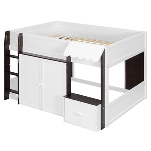 English Elm Twin House Loft Bed with Pull Out Rolling Desk Stair Drawers and Cabinet Storage Espresso+White N820S00074P