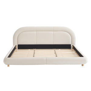 English Elm King Curved Velvet Upholstered Low Profile Platform Bed Sculpted Headboard Modern Beige W5632P452160