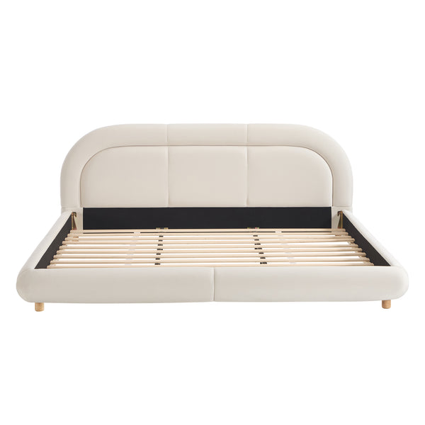 English Elm King Curved Velvet Upholstered Low Profile Platform Bed Sculpted Headboard Modern Beige W5632P452160