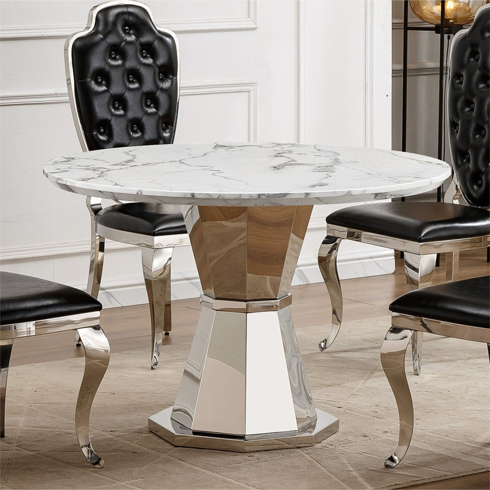 English Elm 47" Round Marble Dining Table - Elegant High Gloss Faux Marble Top With Sturdy Stainless Steel Base W3456S00030