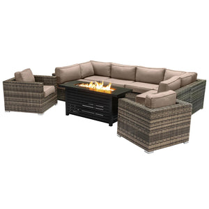 English Elm Lsi 9-Piece Outdoor Sectional Set With Luxurious Fire Pit Table & Weather-Resistant Cushions B120S00117