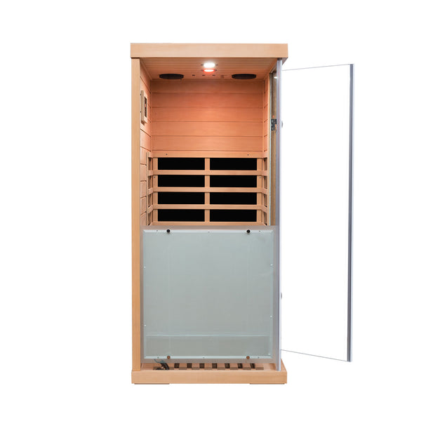 English Elm Large Hemlock Wood Infrared Sauna with Glass Front Bluetooth Audio and Red Light Therapy W2611P204516