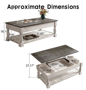 English Elm Farmhouse Coffee Table Solid Planked Wood with Open Shelf Square Baluster Living Room Ancient White,Antique Grey W1445P362856