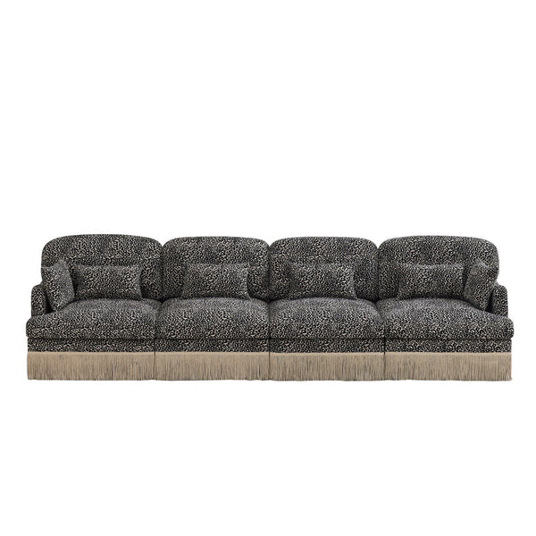 English Elm 131" Chenille Leopard Sectional Sofa Modular 4 Seat Deep Cushion Tassel Trim Khaki W5656S00025