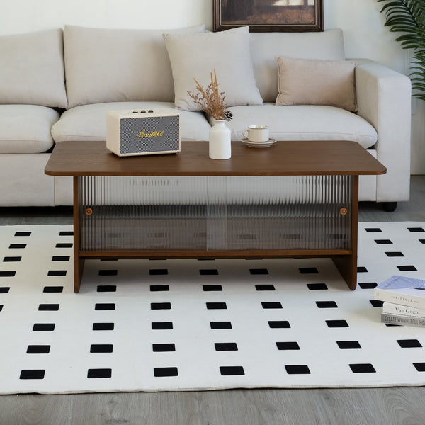 English Elm 47"rectangular Coffee Table Fluted Glass Sliding Doors Retro Wood Grain Living Room Storage Brown W3935P408518