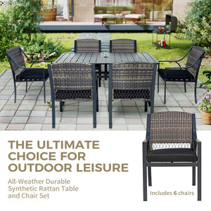 English Elm 7-piece Outdoor Dining Set Powder Coated Steel Rattan Chairs Cushions Poolside T5880S00024