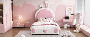 English Elm Twin Upholstered Platform Bed with Ribbit Headboard, White Pink Ears, Low-Profile Modern Frame, Cute WF323763AAK