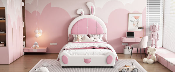 English Elm Twin Upholstered Platform Bed with Ribbit Headboard, White Pink Ears, Low-Profile Modern Frame, Cute WF323763AAK