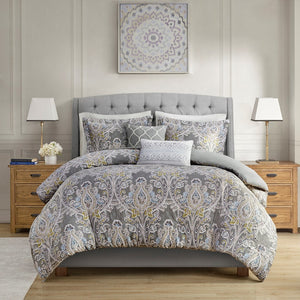 English Elm 5 Piece Cotton Duvet Cover Set Hallie Grey Damask Full/Queen — Cotton Sateen, OEKO-TEX, Embroidered Pillows B035129118