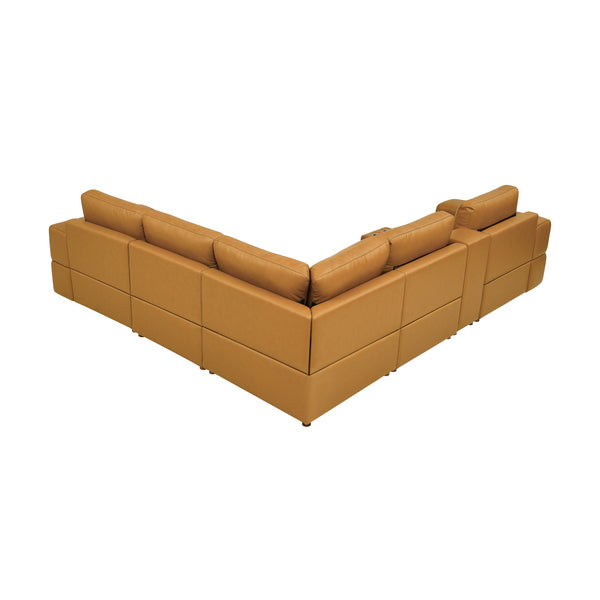 English Elm Premium Leather Match Sectional with Dual Recliners Cup Holders and Storage Console Ginger B2748S00135