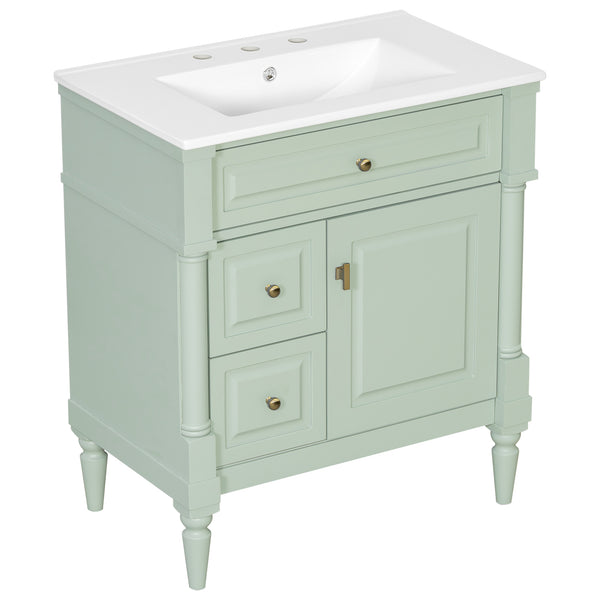 English Elm 30" Freestanding Bathroom Vanity Rubberwood Frame Ceramic Sink Flip Drawer Storage Green N725P356062F