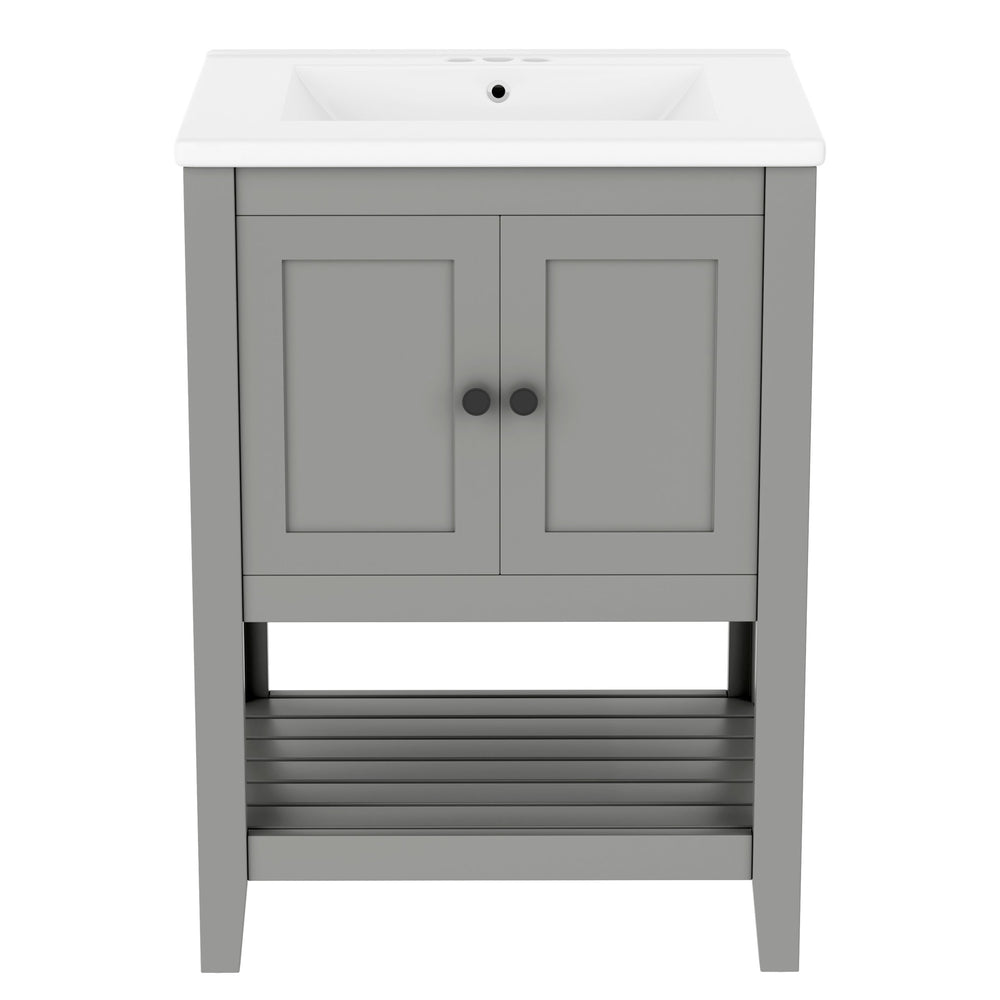English Elm 24" Modern Sleek Bathroom Vanity with Ceramic Sink, Solid Wood Frame, Waterproof Finish and Open Shelf Storage Grey N725P246473E