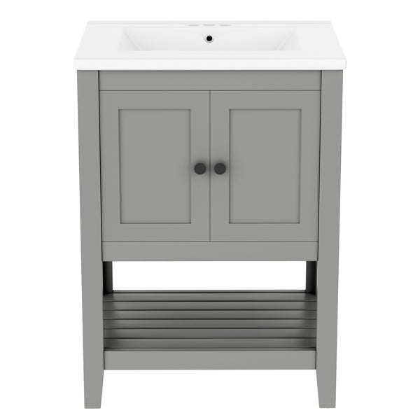 English Elm 24" Modern Sleek Bathroom Vanity with Ceramic Sink, Solid Wood Frame, Waterproof Finish and Open Shelf Storage Grey N725P246473E