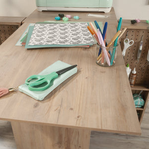 English Elm Craft Station with Drop-Leaf Extension, Brown Khaki Pine Finish — Compact Crafting Workstation w/ Storage B356P402737