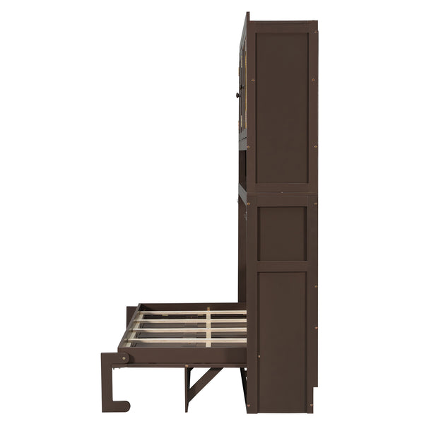 English Elm Twin Murphy Bed with Rattan Cabinet Doors Led Lighting and Usb Charging for Small Spaces Espresso LP000740AAP