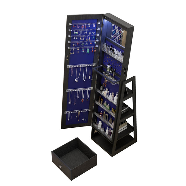 English Elm 360°swivel Jewelry Armoire with Led Lit Interior Full Length Mirror and Locking Drawers W3406P411294