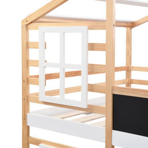English Elm Twin Over Solid Pine House Bunk Bed with Blackboard Storage Staircase W495S00013