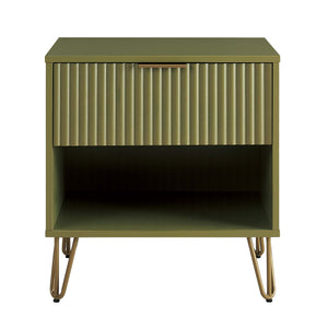 English Elm Dumbo Olive Green Fluted Nightstand With Gold Accents - Chic 1-Drawer Storage For Small Spaces B365P398153