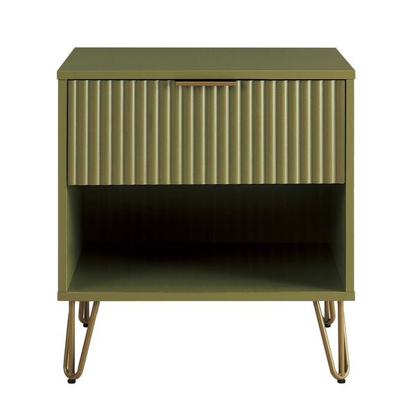 English Elm Dumbo Olive Green Fluted Nightstand With Gold Accents - Chic 1-Drawer Storage For Small Spaces B365P398153