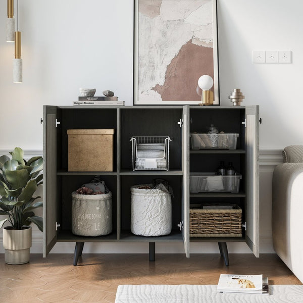 English Elm Storage Cabinet With Three Doors - Versatile Gray Sideboard Buffet With Adjustable Shelves & Easy Setup W2702P202503-GIGA