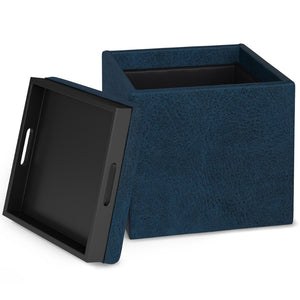 English Elm Rockwood Cube Storage Ottoman With Flip-Over Tray - Stylish Dark Blue Vegan Leather & Hidden Storage B136P159097-GIGA