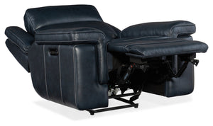 Hooker Furniture Montel Power Recliner In Cosmos Cobalt Leather With Lay‑Flat, Adjustable Headrest, Lumbar, Usb Dark Blue SS705-PHL1-047
